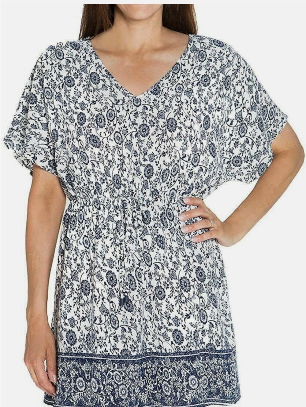 Mario Serrani Navy and White Floral V-Neck Drawstring Tunic